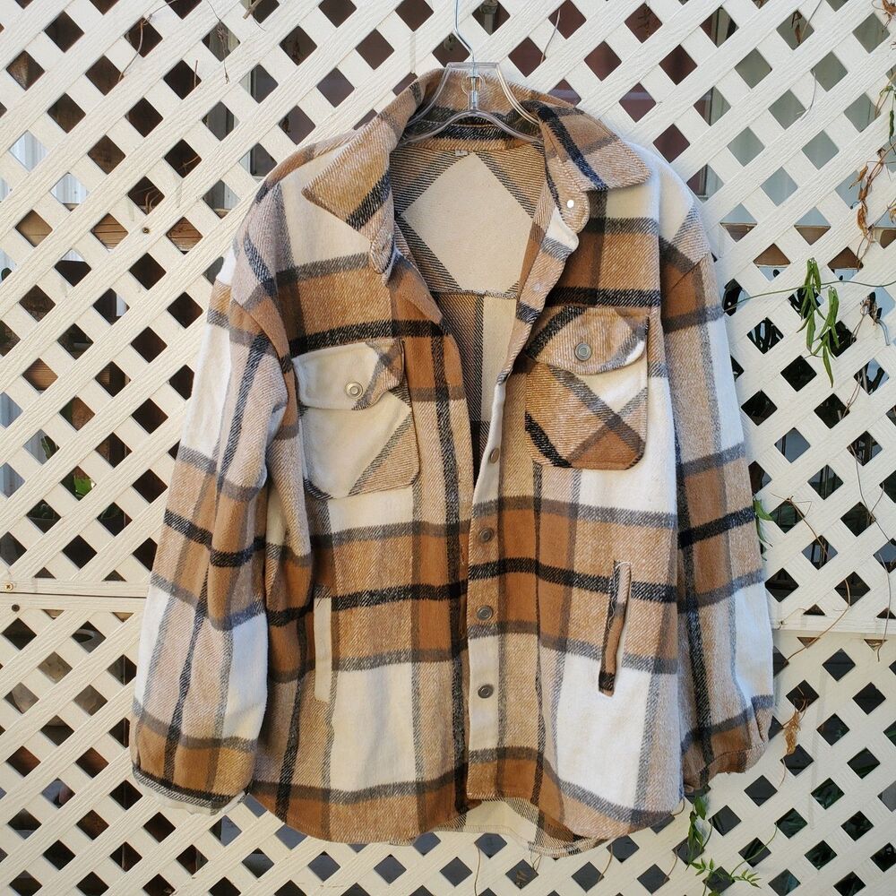 Plaid Button Down Shacket Womens L Beige Tan Brown Preppy Academia Flap Pockets